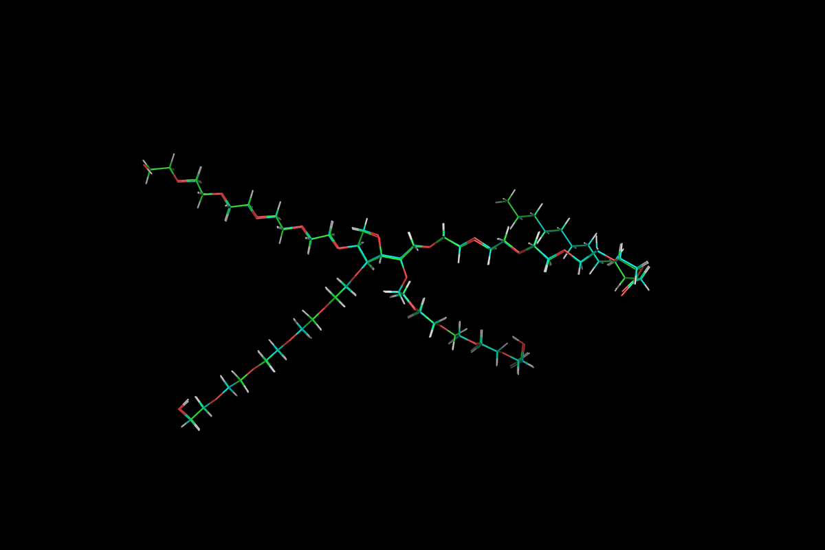 Superposition of QM optimised (green) and MM energy minimised (cyan) structures.<br>Click to toggle size.