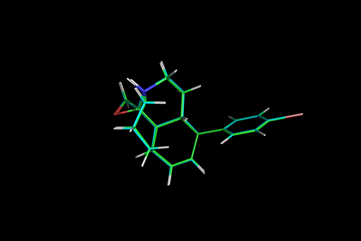 Superposition of QM optimised (green) and MM energy minimised (cyan) structures.<br>Click to toggle size.